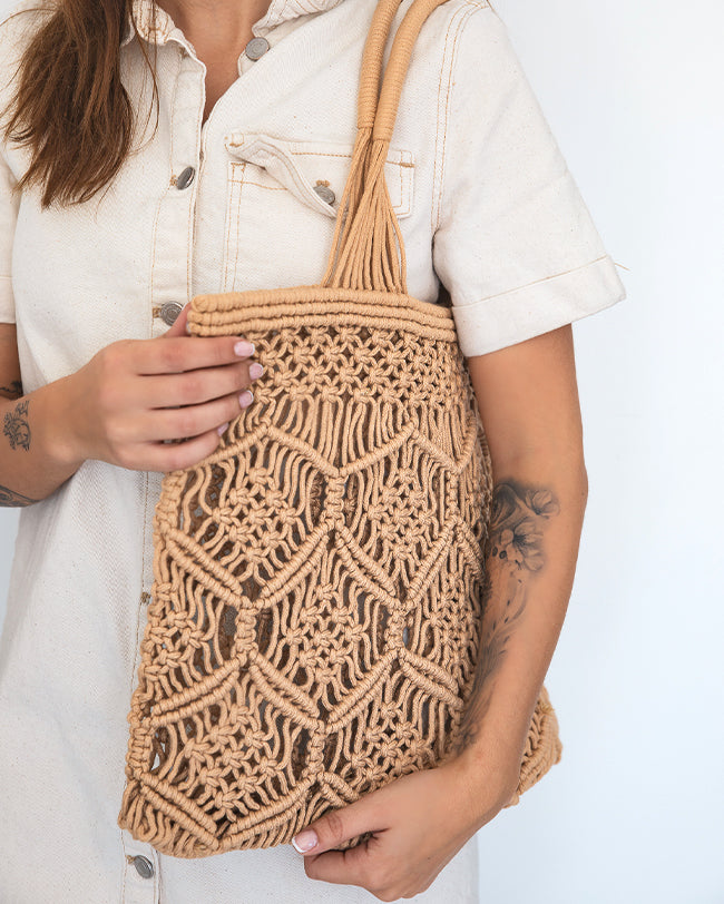 Sac de plage macramé camel - Ella