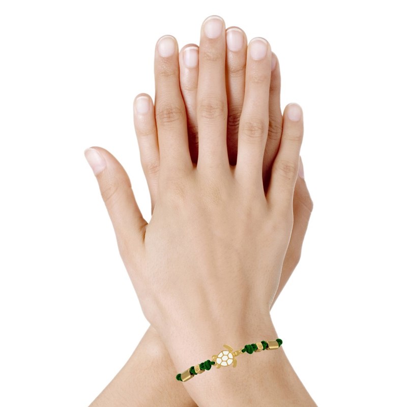 Bracelet Lien Laiton Doré Tortue Émaillé Blanche - Vert Foncé