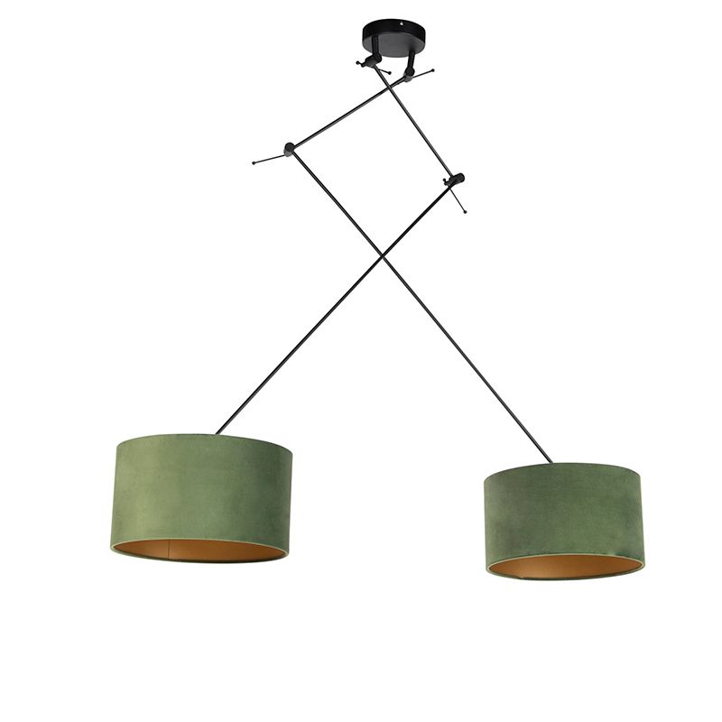 Hanglamp zwart met velours kappen groen met goud 35 cm 2-lichts - Blitz