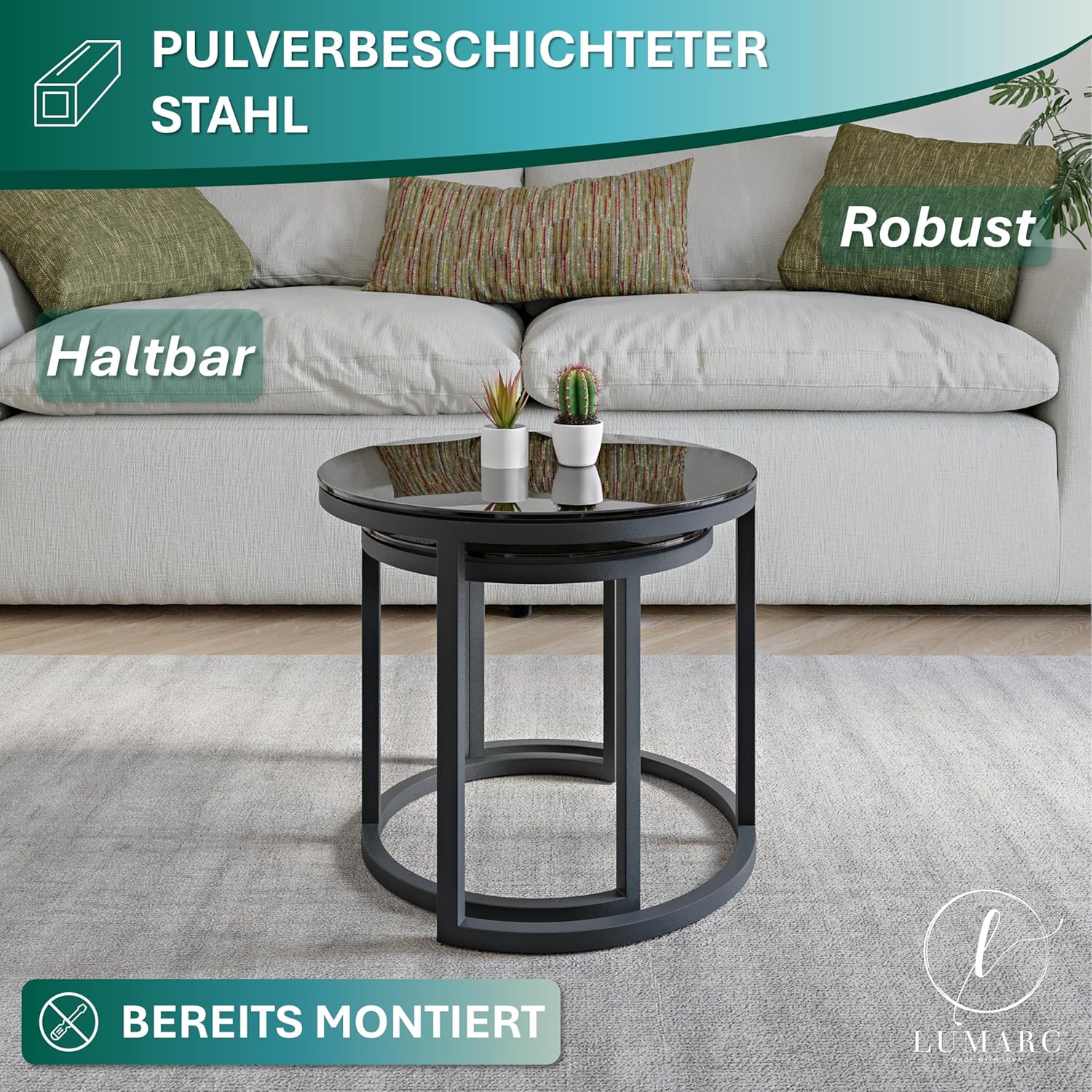 Modena, Couchtisch 2er Set aus Gehärtetem Glas und Stahl, Handgefertigt in Europa, Beistelltisch, Wohnzimmertisch, Coffee Table, Schwarz, Rund, Ø50x43 cm / Ø40x38 cm