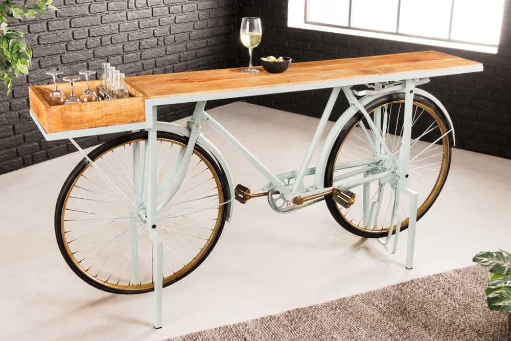 Retro Konsolentisch BICYCLE 190cm salbei natur Mangoholz Fahrrad Bartisch Upcycling