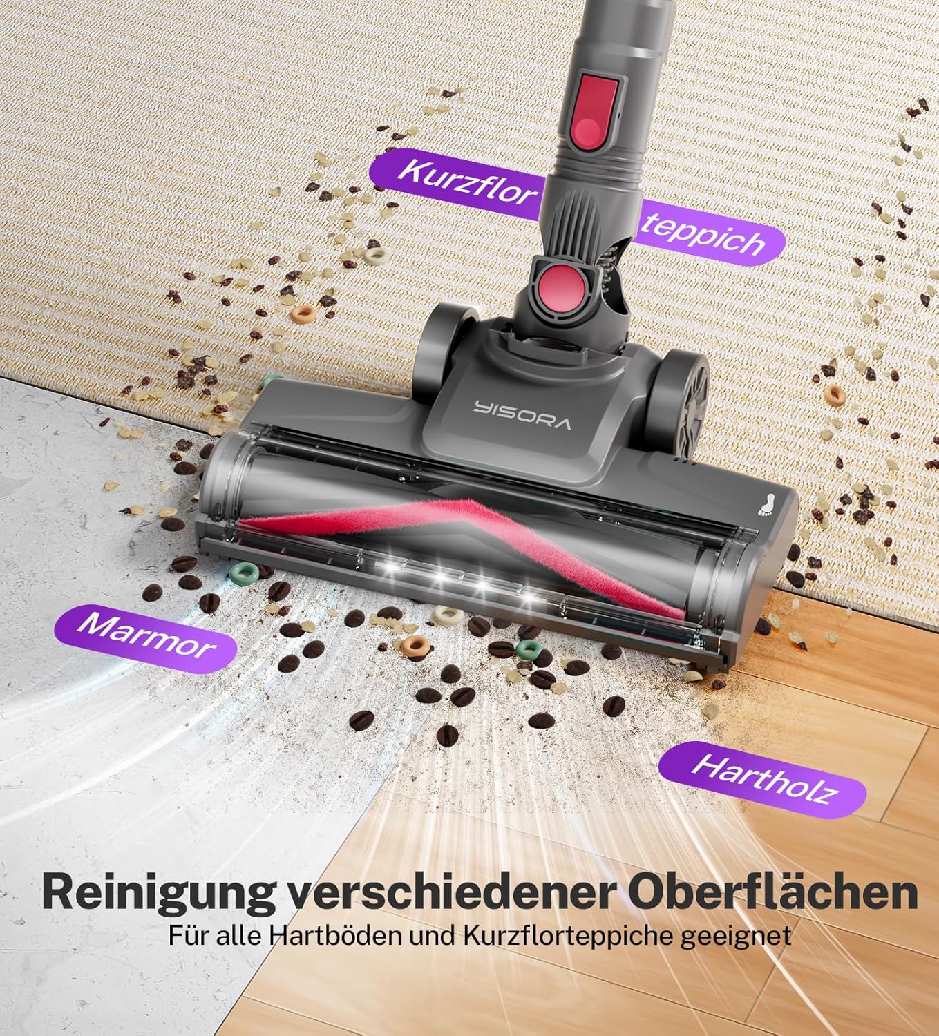 Akku Staubsauger, 28000Pa/175W/55Min Staubsauger Kabellos, Anti-Tangle-Bürste und Selbststehend, Ultraleichter Handstaubsauger akku vacuum cleaner Stielstaubsauger für Teppichen, Hartboden, Tierhaare