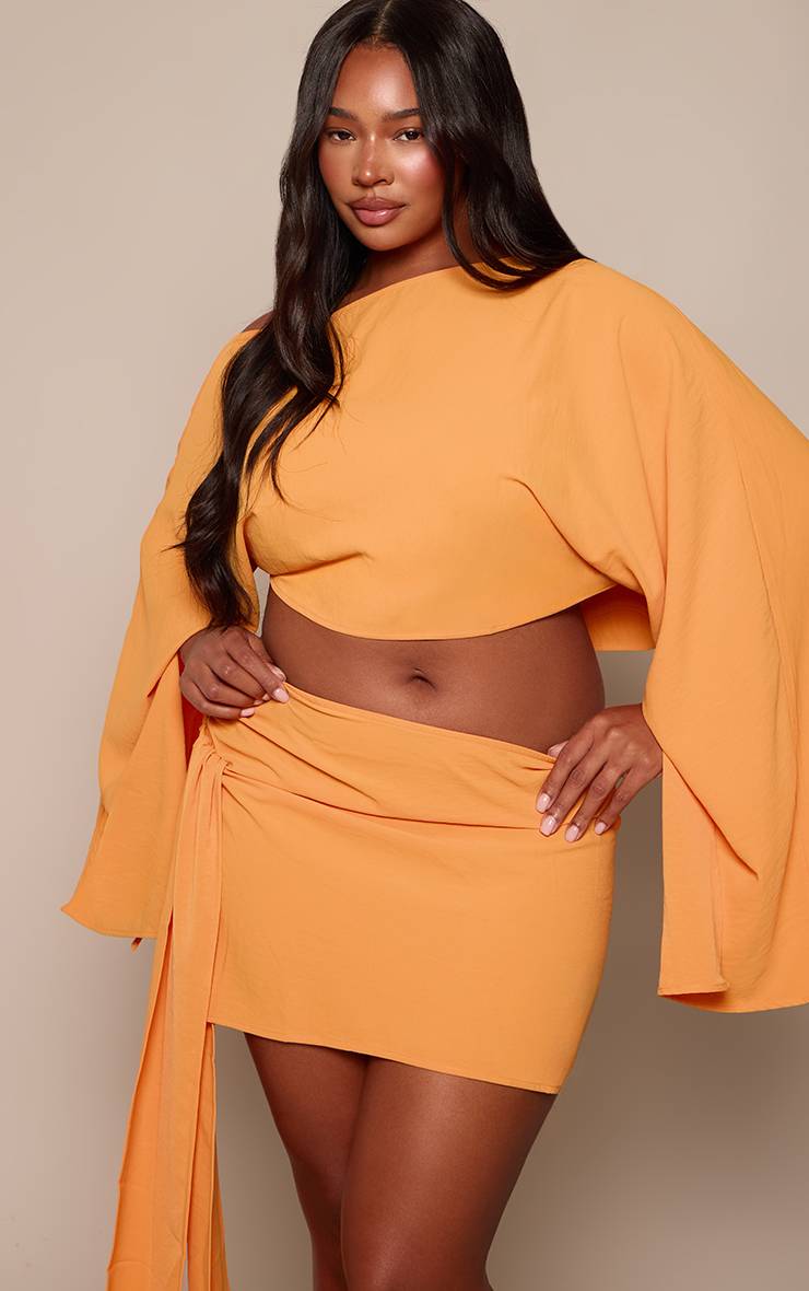 Orange Mini-jupe Grande Taille Tissée Fluide Avec Nœud Latéral Coordonné