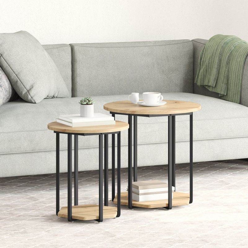 vidaXL - Bijzettafel Set van 2 - Ronde - Bruin - Hout en Metaal