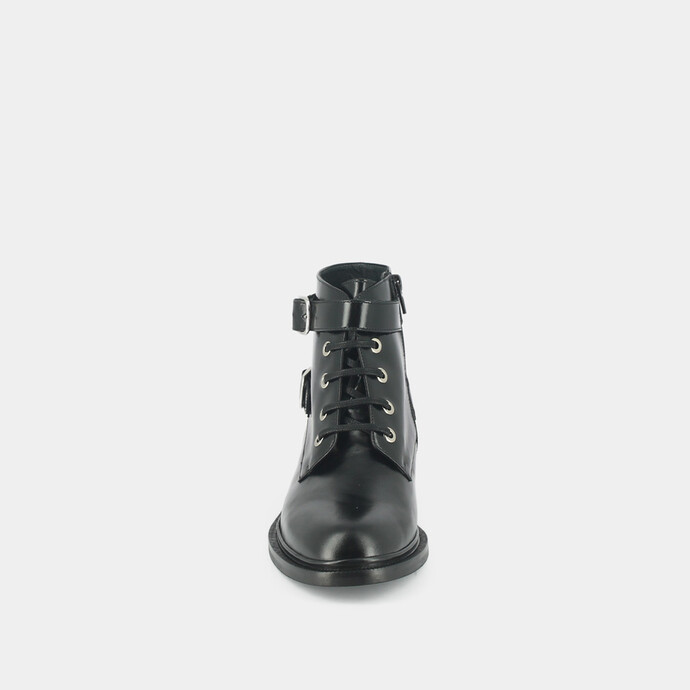 Boots à lacets et boucles argentées  en cuir noir