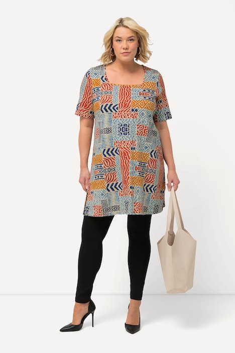 Longshirt, Patchdruck, A-Linie, Carree-Ausschnitt, Halbarm