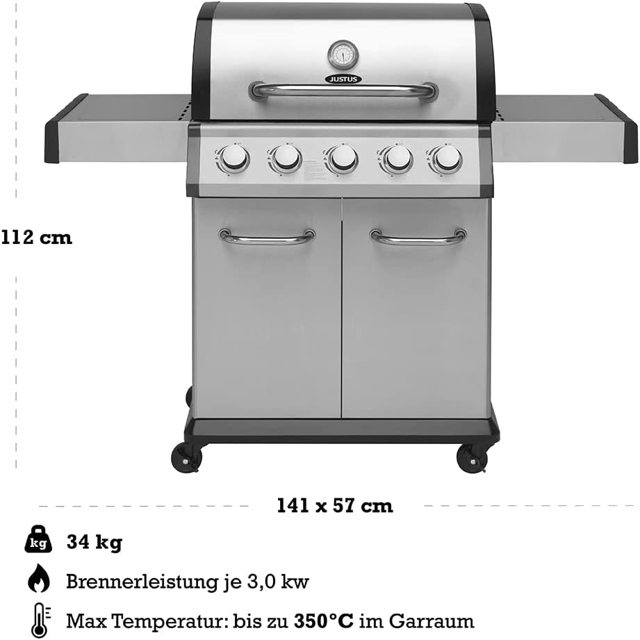 JUSTUS 5-Brenner Gasgrill Geras Grillwagen mit Edelstahl-Brenner – Grill mit Seitentischen und Guss-Grillrost, Piezozündung, 141 x 57 x 112 cm, Schwarz