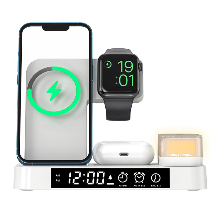 (15W) 5in1 Ladegerät Qi Wireless Charger für Smartphones / Apple Airpods / Apple Watch Ladestation mit Wecker   Nachtlicht - Weiss