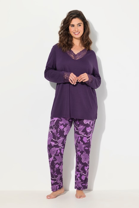 Pyjama, Spitze, V-Ausschnitt, Langarm, Modalmix