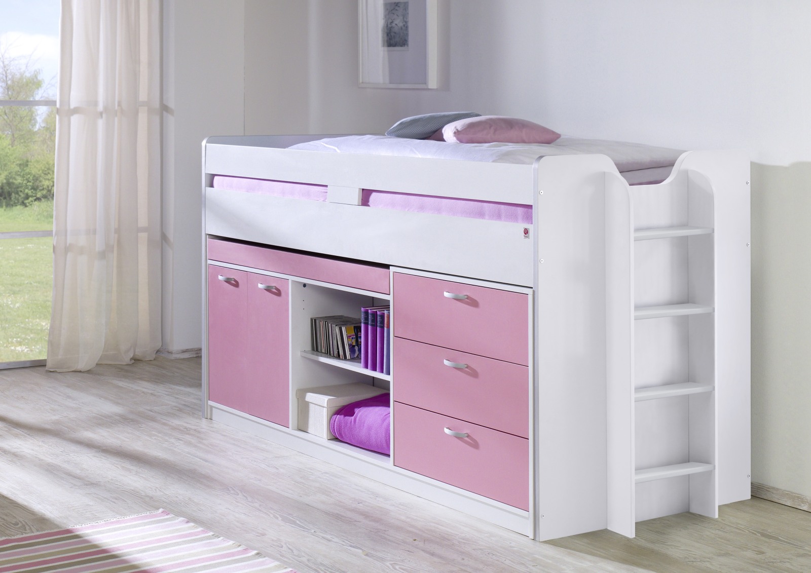 Funktionshochbett BONNY - rosa-weiß - 90x200 cm