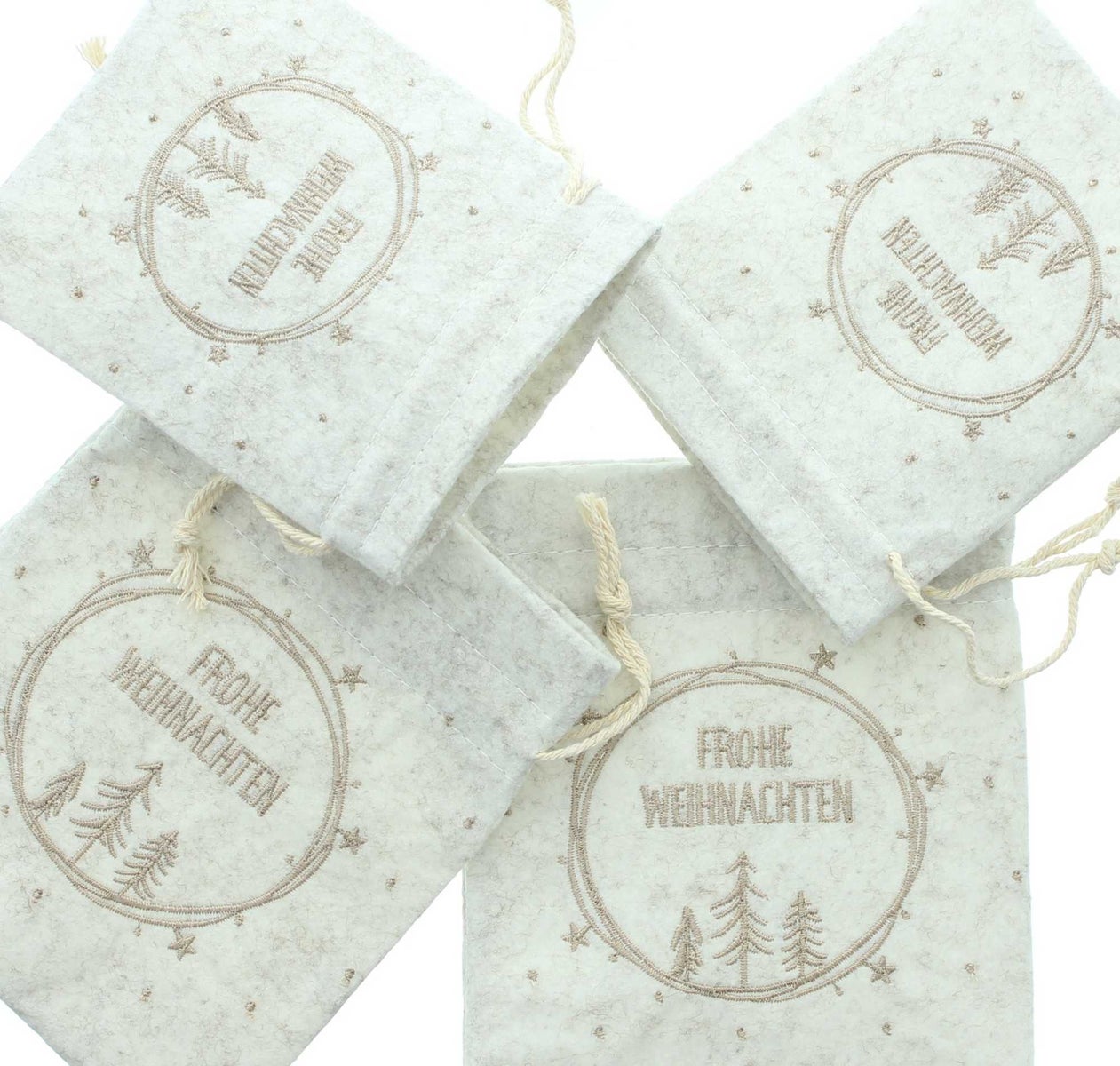 FRANK FLECHTWAREN | Vrolijk Kerstfeest Cadeauzakjes, Set van 4, 11 x 13 cm, 14 x 17 cm, POLYESTER, KATOEN