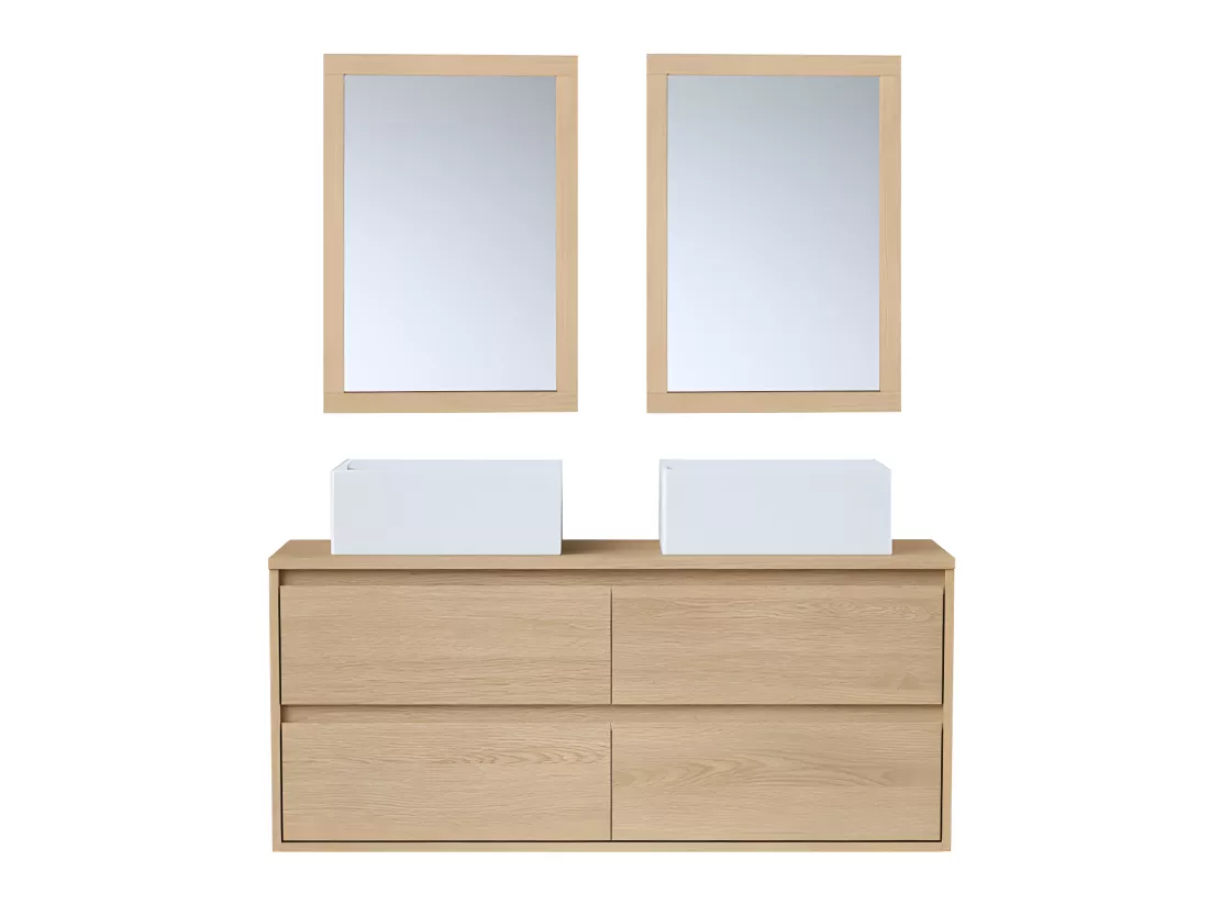 Meuble de salle de bain suspendu avec double vasque à poser et miroir - Placage chêne - 120 cm - MILIPAM