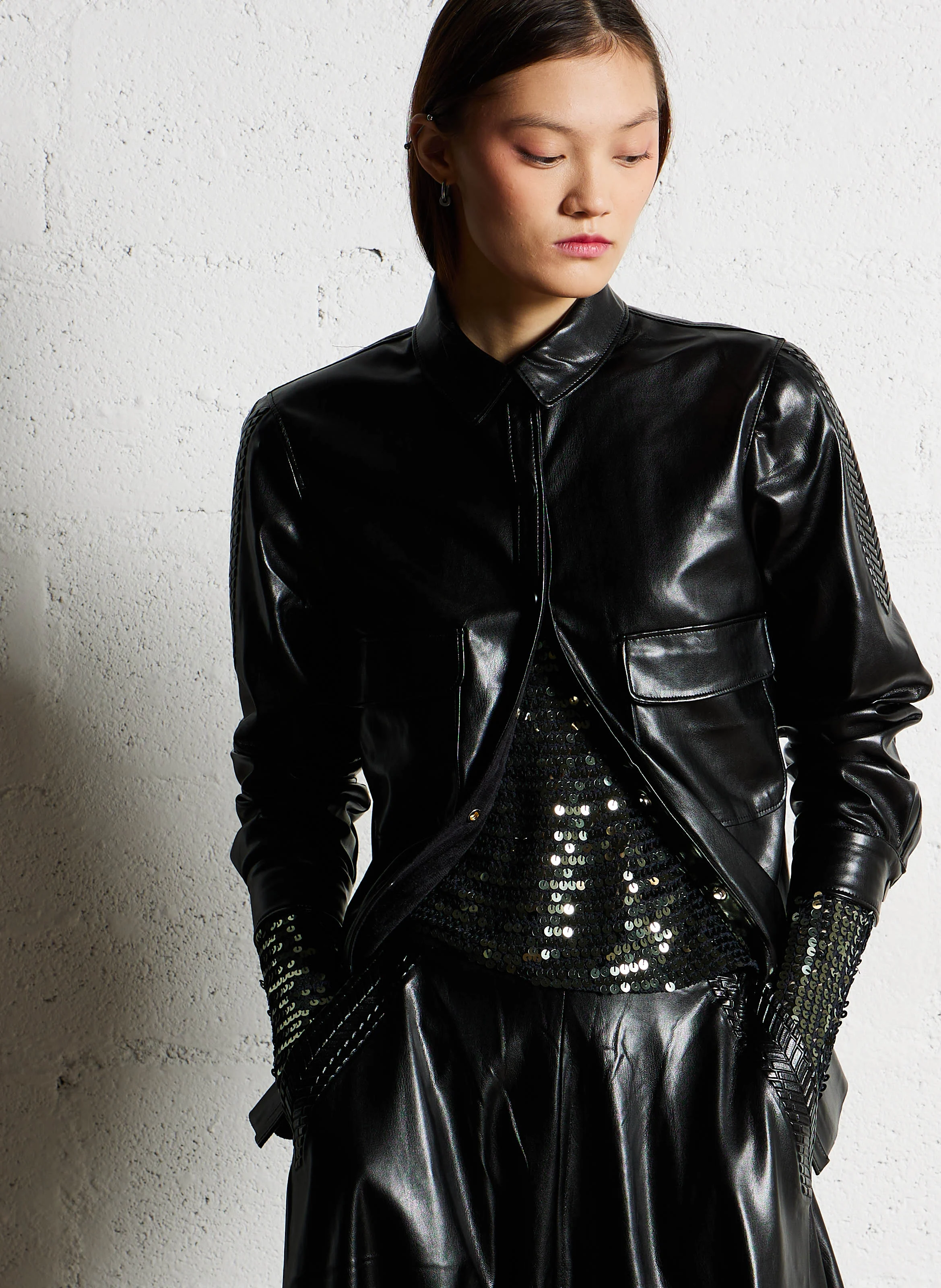 LAM - Veste droite effet cuir| Noir