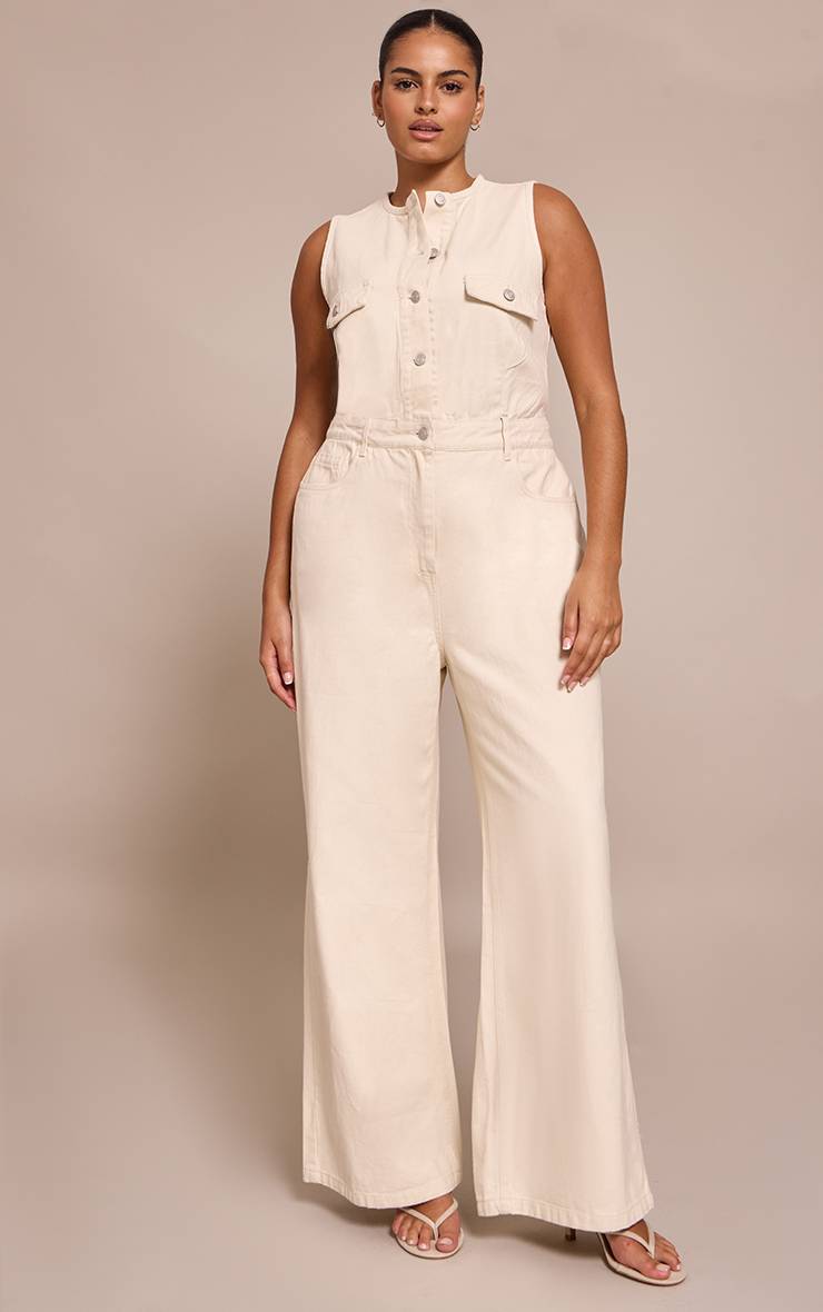 Ecru Combinaison-pantalon En Denim Sans Manches Grande Taille