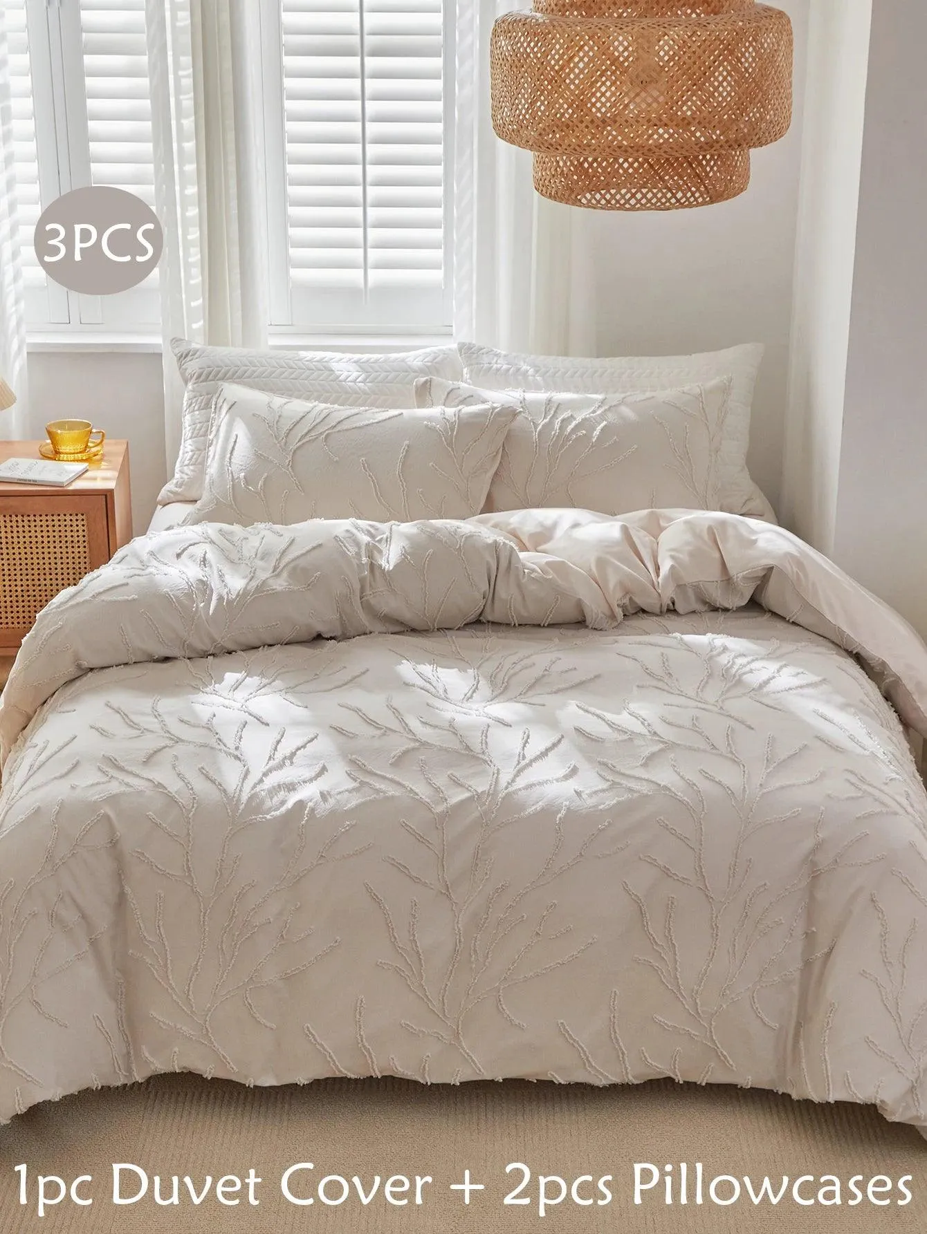 Modern Boho Beige Soft Tufted Bedding Set | Tree Branch Design Bed Duvet cover Pillow case