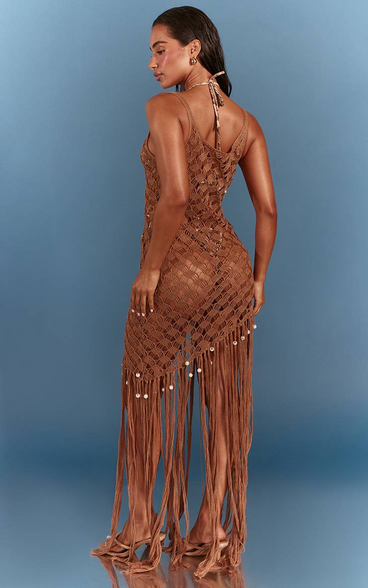 Marron Robe De Plage Longue À Franges En Crochet