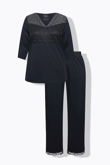 Pyjama, Spitzeneinsatz, V-Ausschnitt, 3/4-Arm