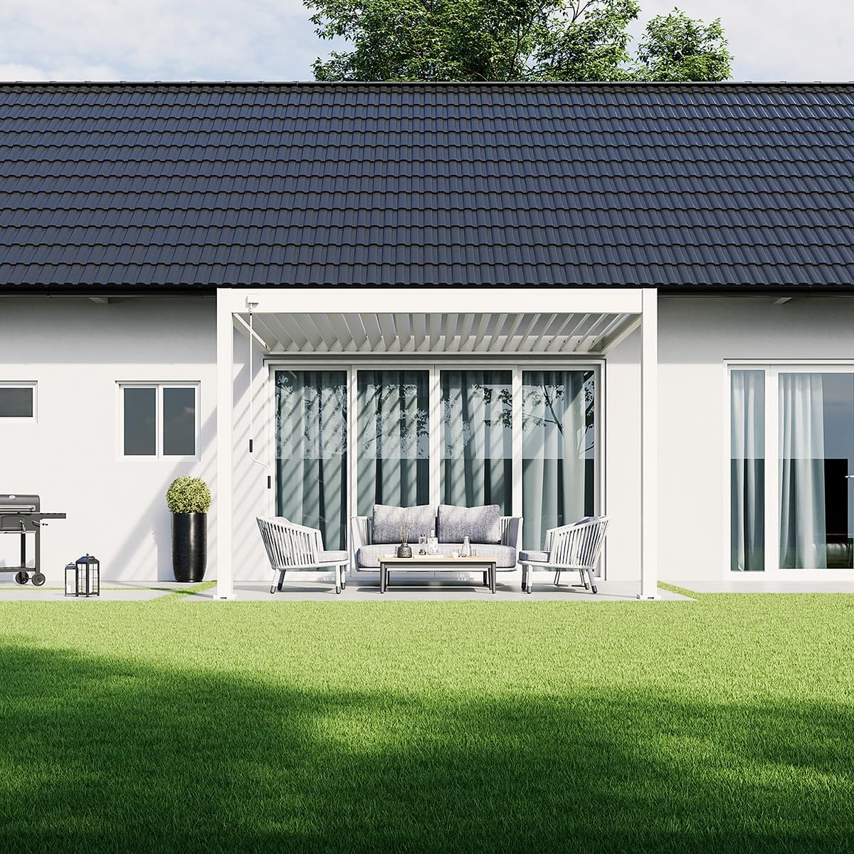Weide Deluxe Wandpergola 3x3,6 m stabil aus Aluminium - Terassenüberdachung Pavillion mit Lamellendach - Garten Sonnenschutz Terasse - Wetterfest wasserdicht Winterfest - Grillpavillon in Weiß