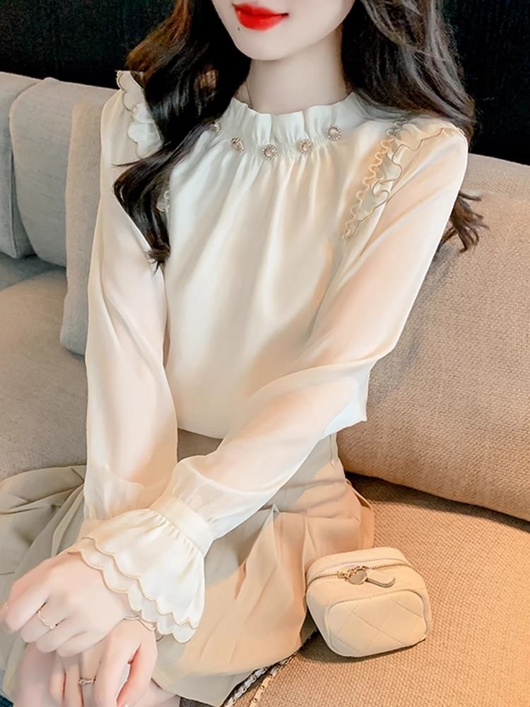 Dragan Pulse - Blouse met pofmouwen en hoge hals, effen, geplooid en strass steentjes