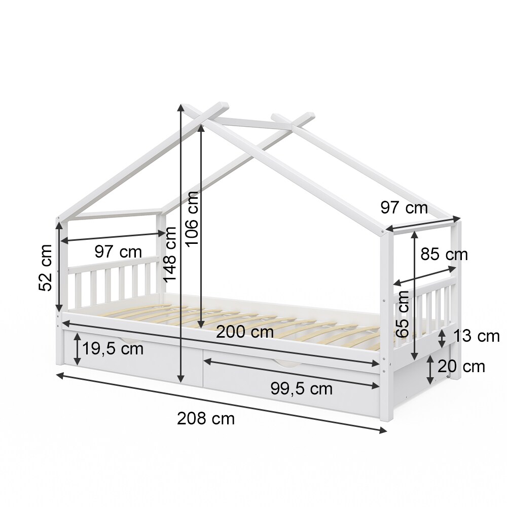 VitaliSpa Kinderbett Hausbett Kinderhaus Design Weiß Lattenrost 90x200 Schublade