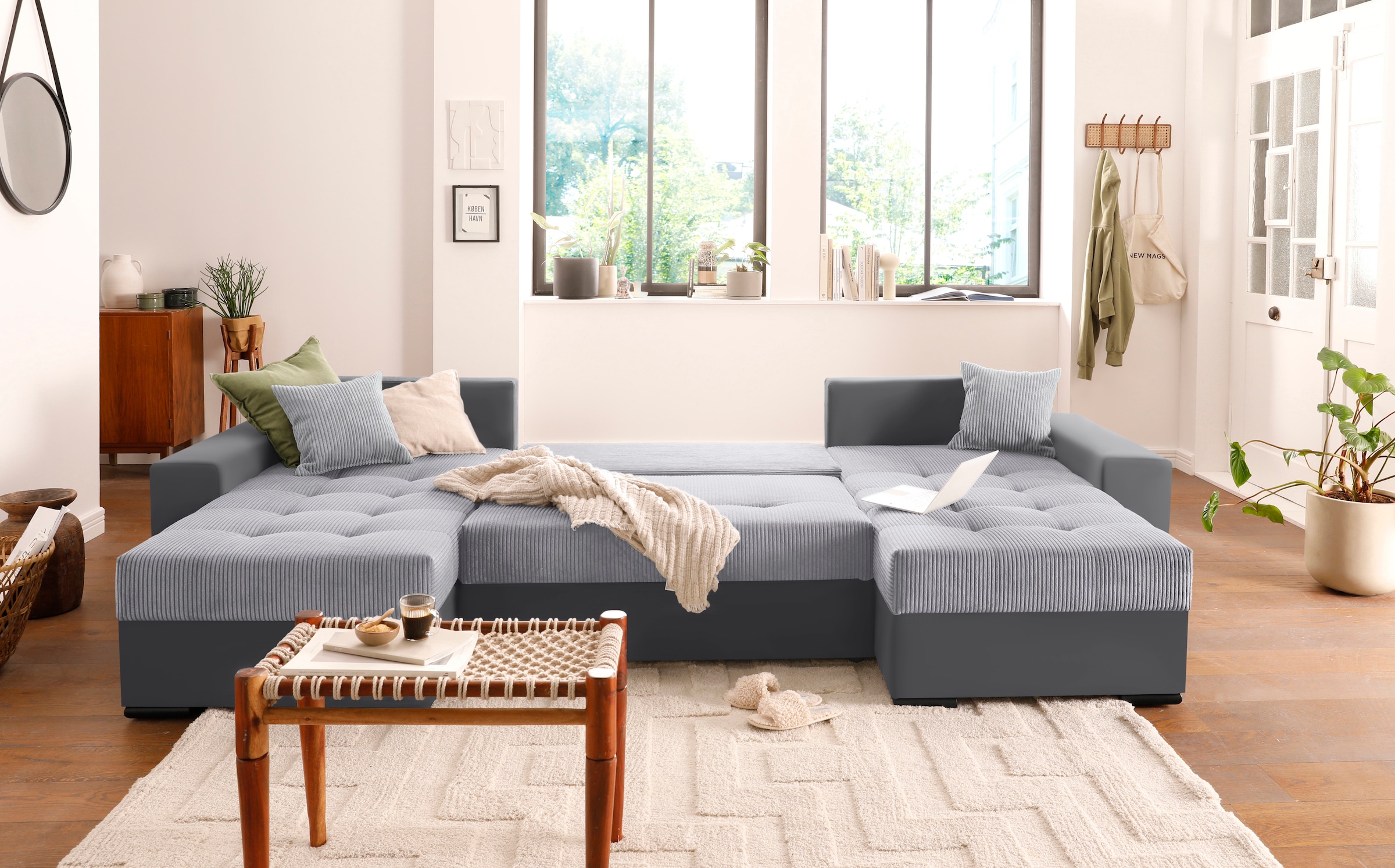 COLLECTION AB Wohnlandschaft »Josy XL U-Form, B: 313 cm in Cord, Cord-Mix« mit Bettfunktion, Bettkasten & 2 Zierkissen, Federkern