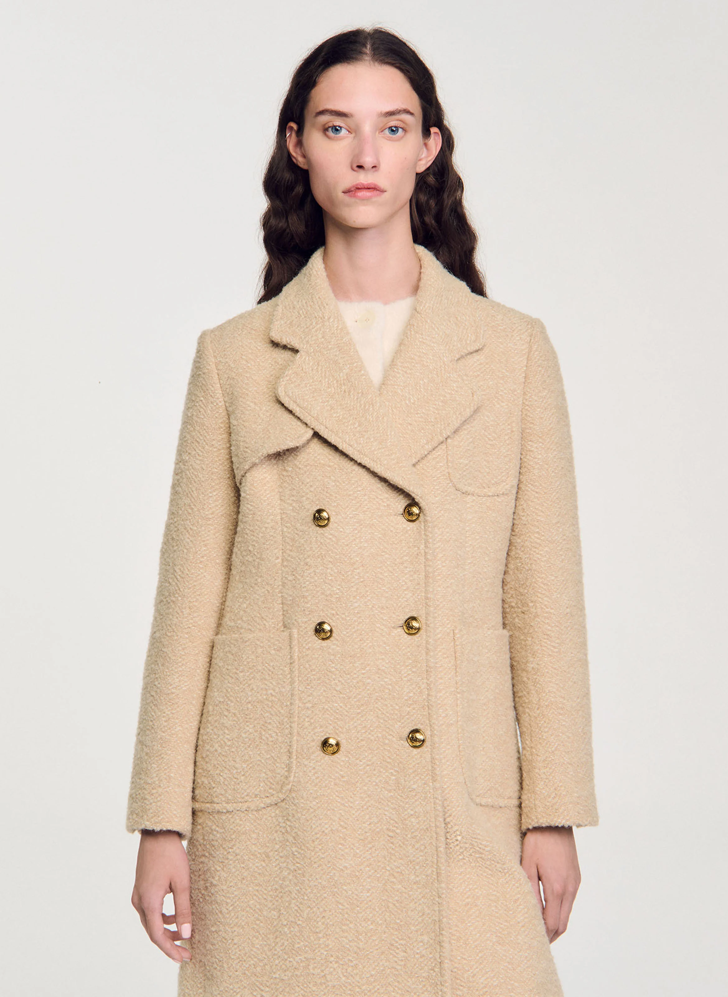Manteau col tailleur droit en coton et laine mélangé | Beige