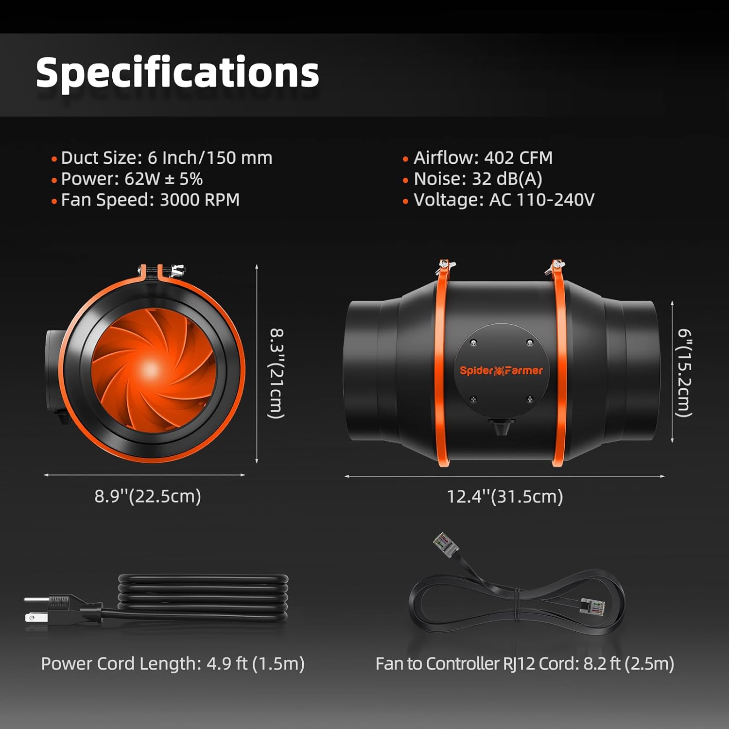 Spider Farmer Inline Rohrventilator 150 mm/6 Inch mit GGS Temp Feucht Controller, 685m³/h EC Motor, 62W Grow Lüfter Belüftung Abluftventilator für Growzelt, Growbox, Hydrokultur