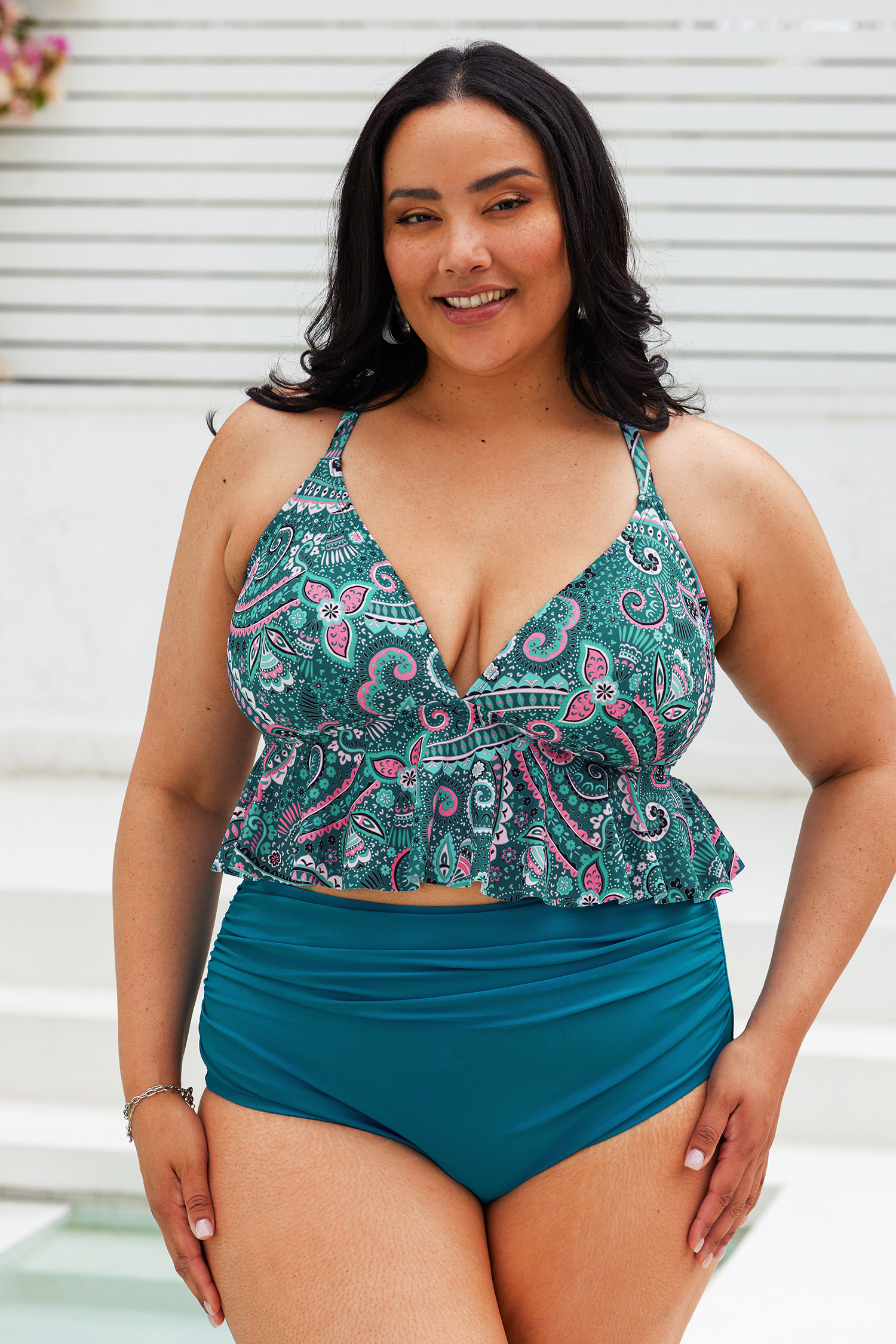 Tankini grande taille paisley à volants et taille haute rétro