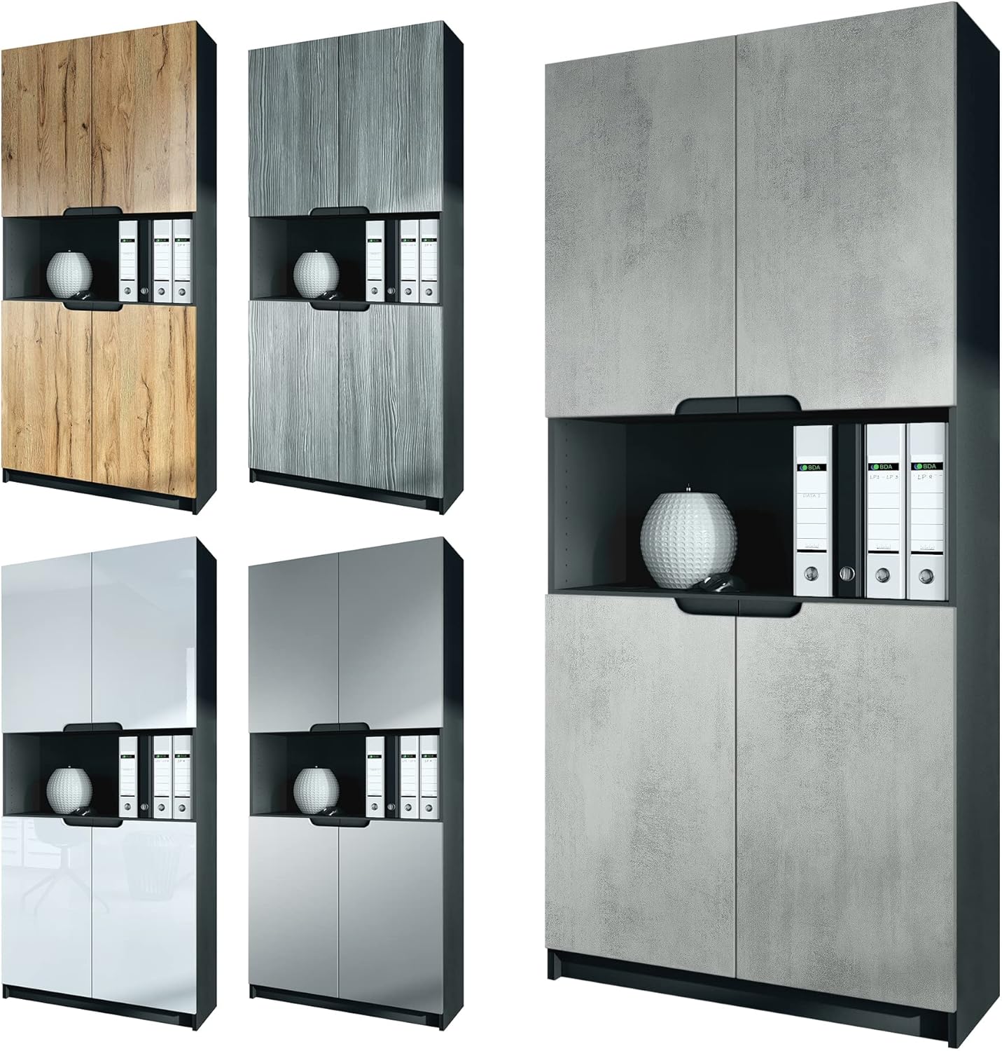 Vladon Büroschrank Logan V2, Made in Germany, Aktenschrank mit 5 Fächern und 4 Türen, Schwarz matt/Eiche Natur (82 x 184 x 37 cm)