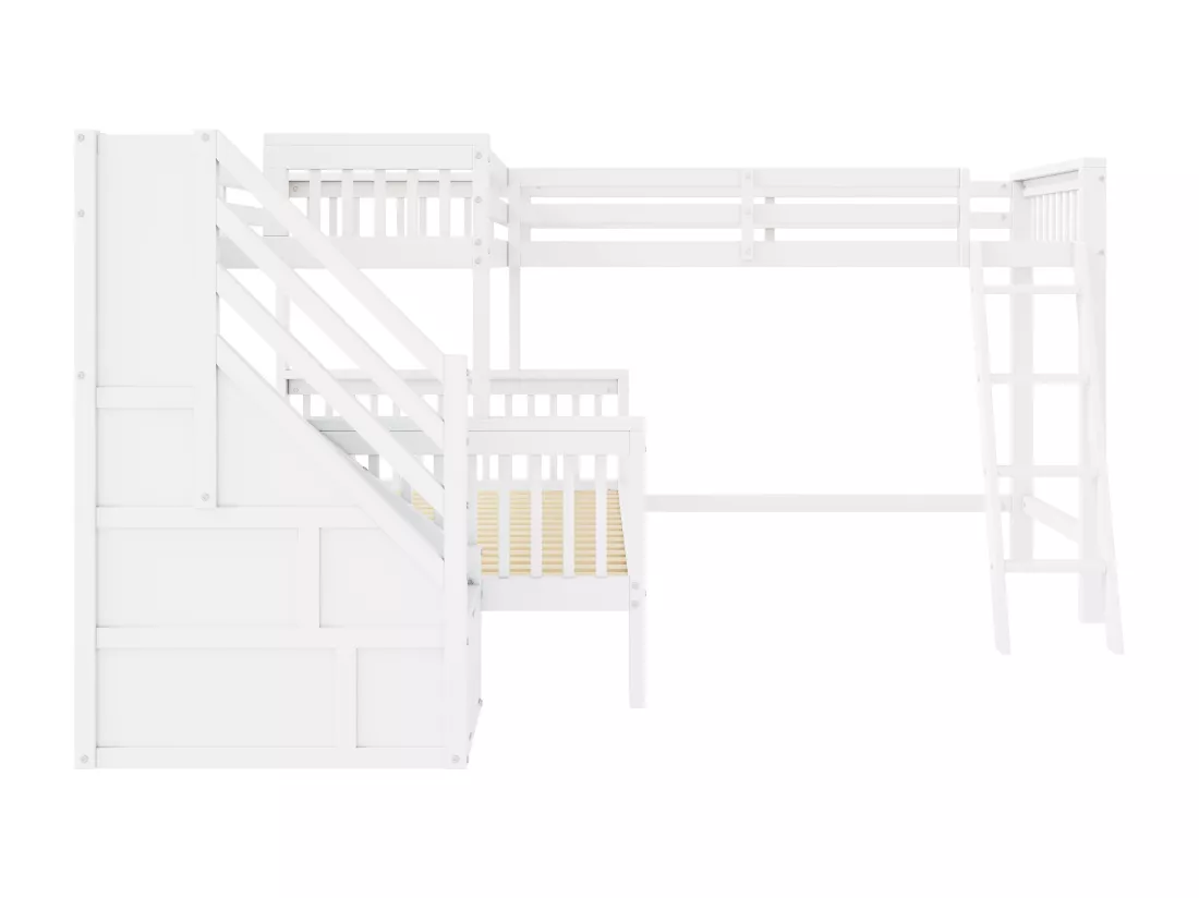 Lit mezzanine, 140x200cm, 90x200cm, lit superposé, lit enfant avec escalier, en bois de pin, Blanc, pour trois enfants