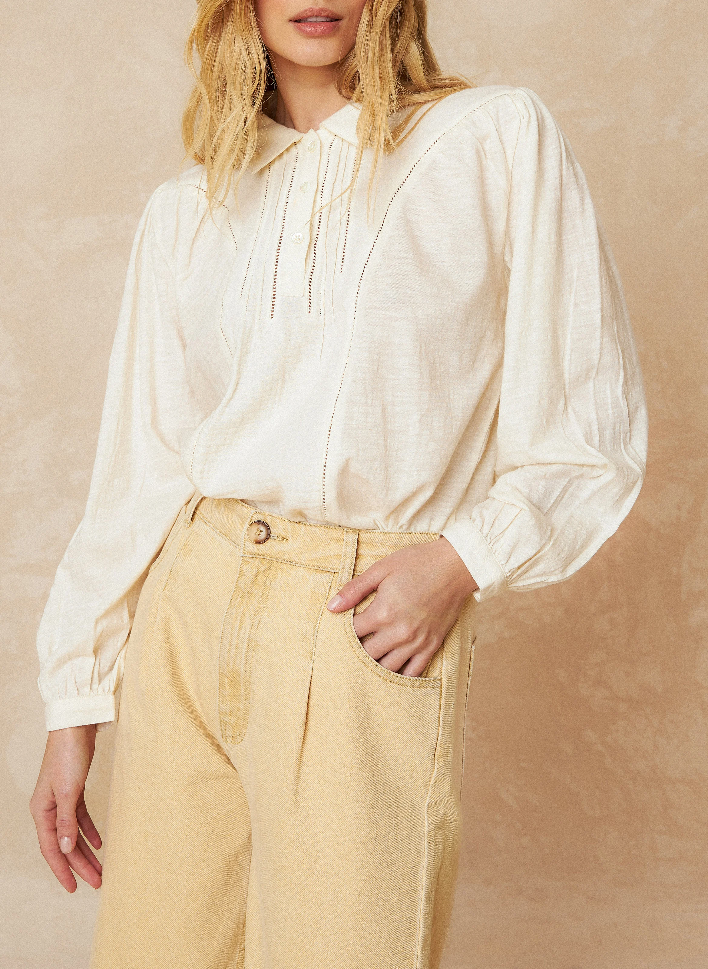 Blouse droite col classique ajourée en coton | Blanc