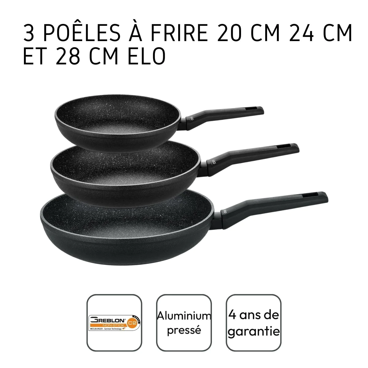 Set de 3 poêles à frire 20 cm 24 cm et 28 cm en aluminium forgé Granit