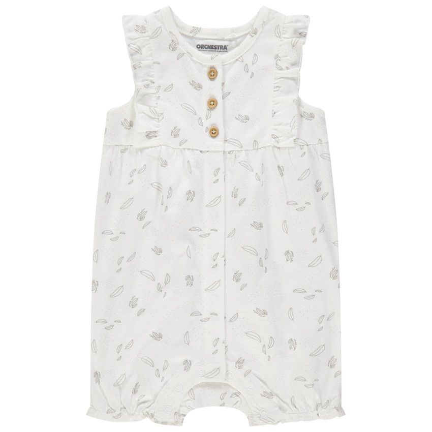Combinaison courte en coton bio imprimée plumes - Ecru