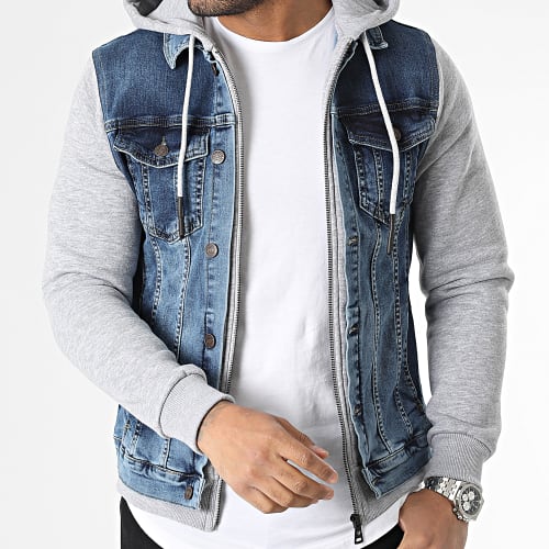 Veste Jean Capuche Bleu Denim Gris Chiné