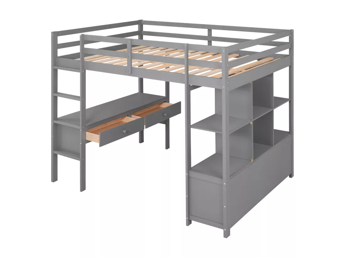 Lit mezzanine 140x200cm pour enfant - lit surélevé avec tiroirs de rangement, bureau et bibliothèque de rangement sous le lit - gris