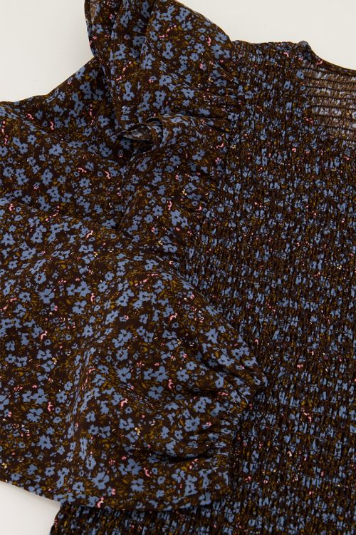 Bruine smock top met blauwe bloemen print