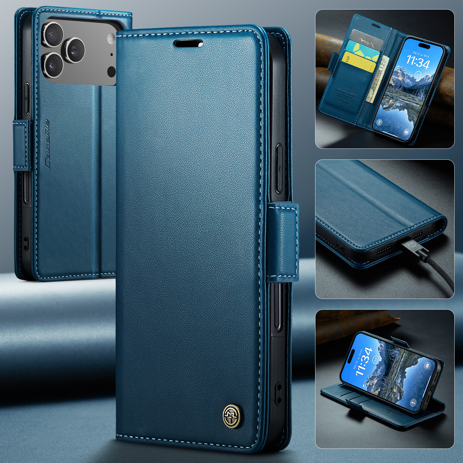 iPhone 17 Pro Leder Tasche Flip Wallet Etui mit Kartenfächern Litchi Look (RFID Schutz) - Blaugrün