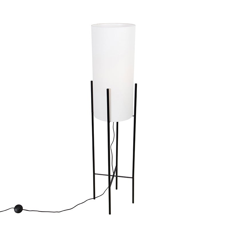 QAZQA - Moderne design vloerlamp | Staande lamp | Vloerlamp | Lamp | Lamp, zwart met witte linnen kap - Rich | Woonkamer | Slaapkamer - Linnen cilinder - LED-compatibel E27