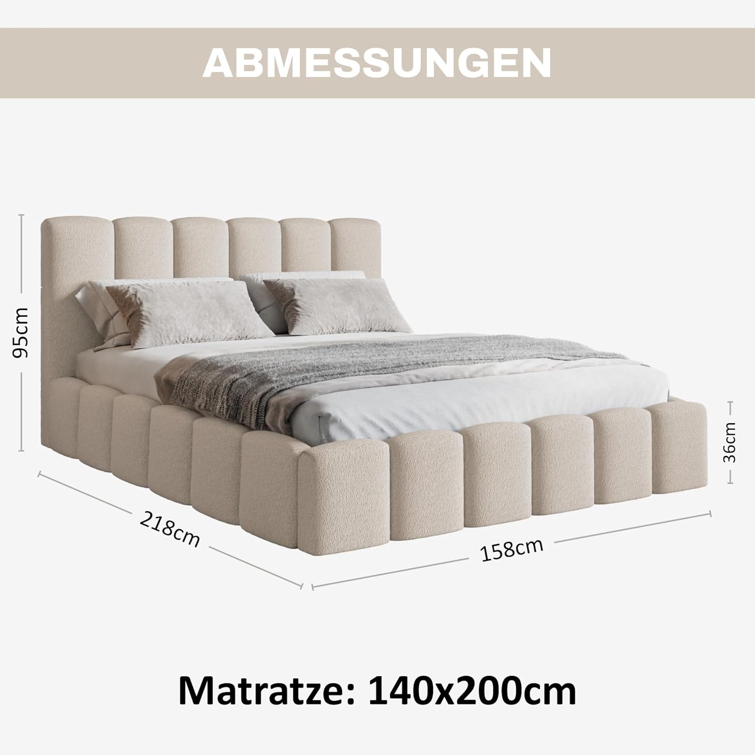Nunu Bubble Bett 140x200 Beige Boucle, mit Stauraum, mit Kopfteil, mit Lattenrost, ohne Füße, ohne Matratze, Bubble Polsterbett 140x200 mit Bettkasten Beige