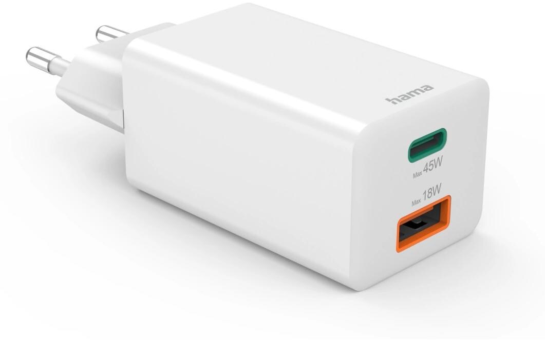 USB-Wandladegerät Gan charger USB-A USB-C 45 W WeissSchnellladegerät mit 1x USB-C und 1x USB-A