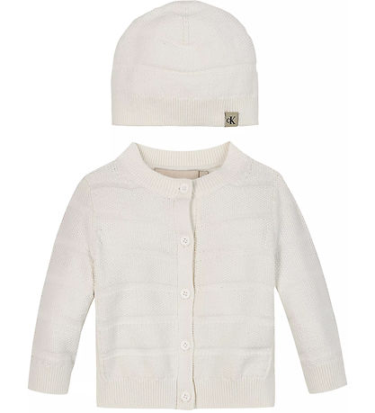 Calvin Klein S?t - Cardigan/Bukser/Hat - Rib Strik - Ivory