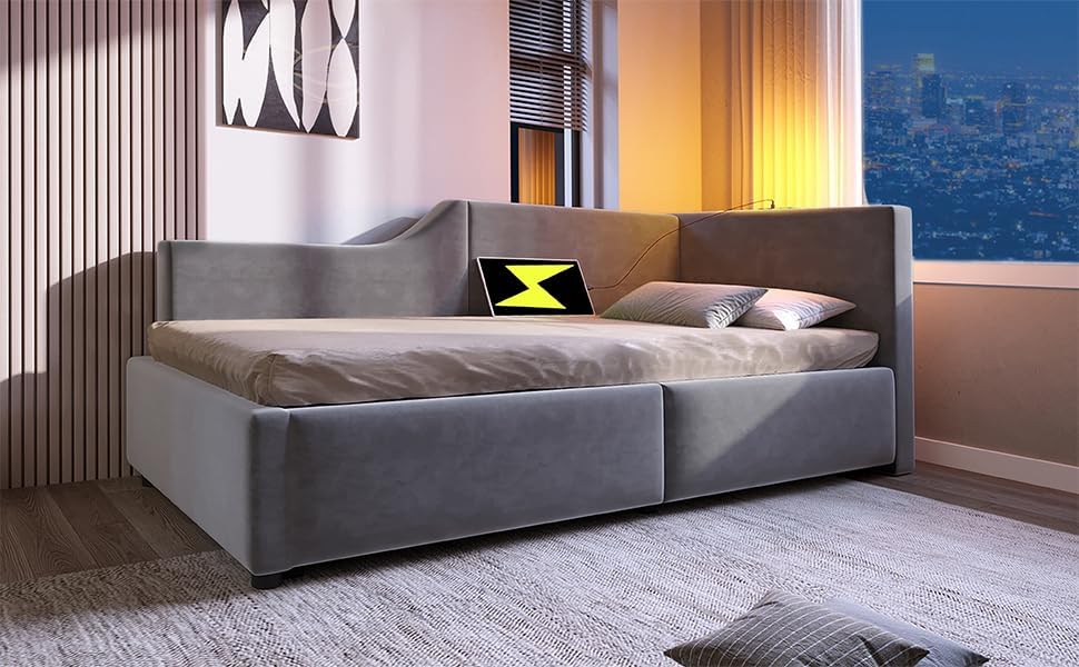 Polsterbett Tagesbett Daybett 90x190cm, Schlafsofa mit hydraulischem Stauraum, Leselichtfunktion und USB-C-Ladefunktion, Jugendbett Bettgestell, Samt (Grau, 90×190cm)