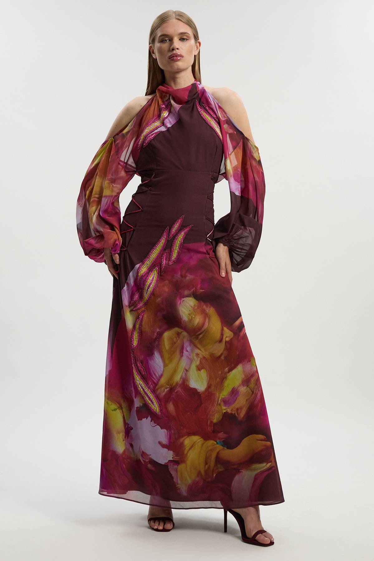 KarenMillen Robe Longue Tissée Ornementée à Épaules Dénudées Lily Macrae