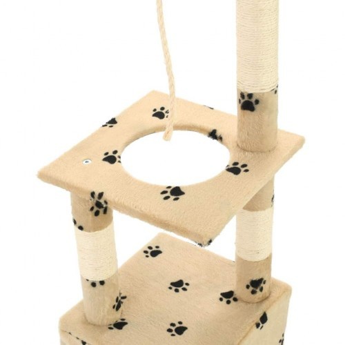Arranhador com poste de sisal e caverna bege com pegadas de patas.