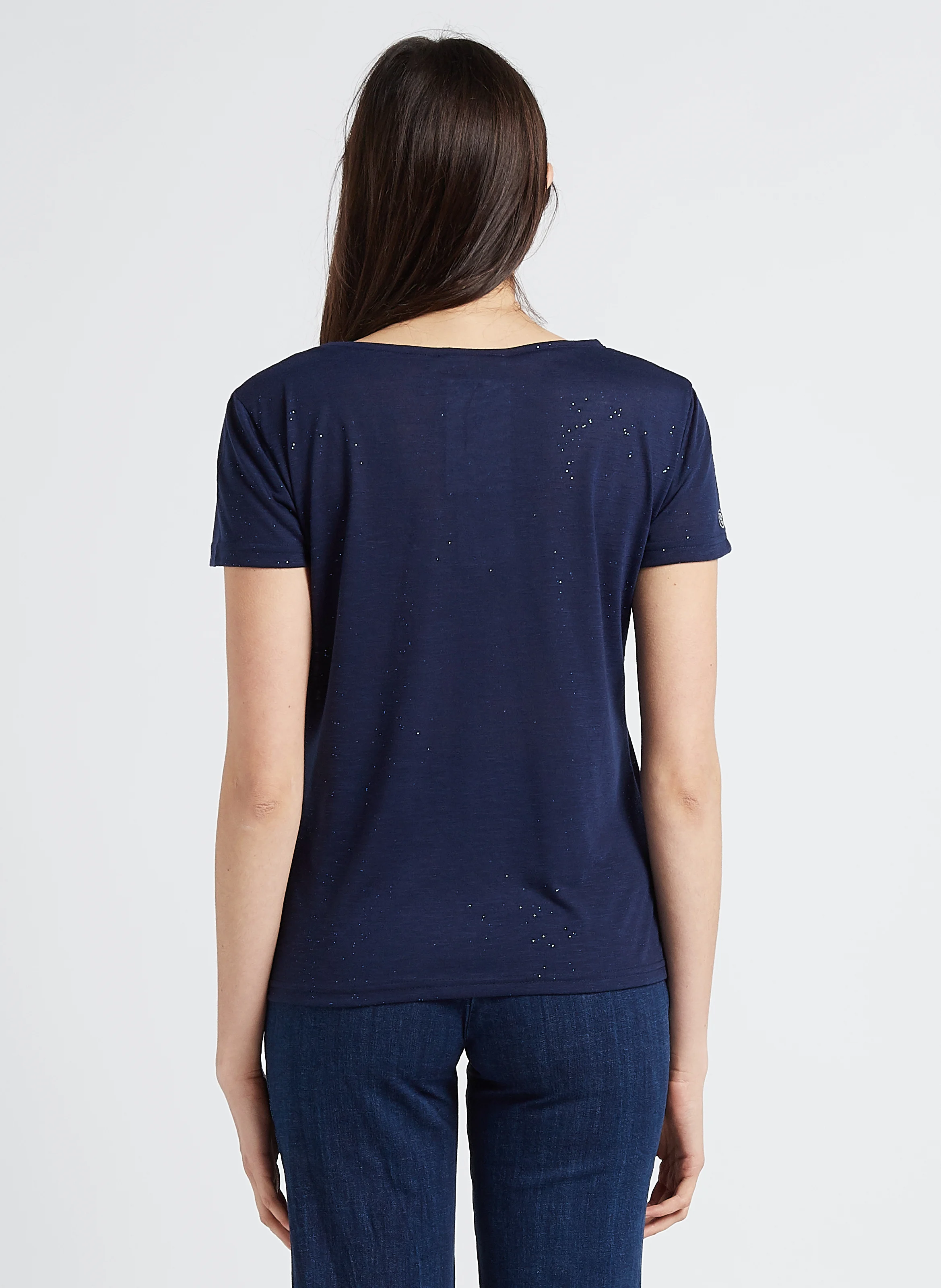 ELVIE - Tee-shirt col V droit pailleté | Bleu