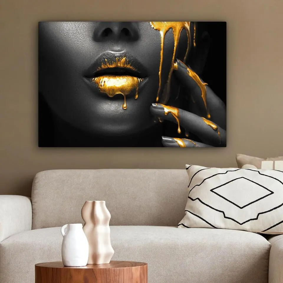 MuchoWow Canvas Schilderij 90x60cm Vrouw Zwart Goud Gezicht