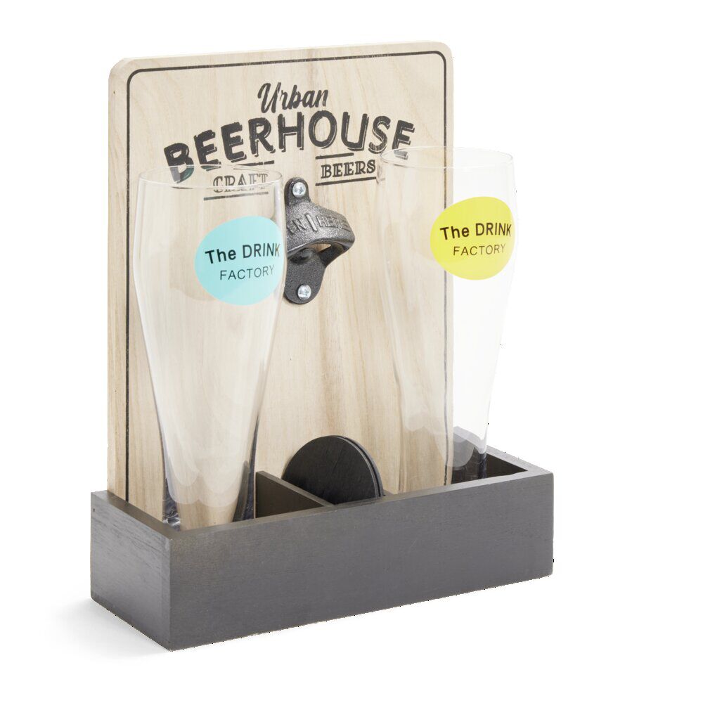 Verre à bière 50cl x2 avec support décapsuleur et 2 sous-verres