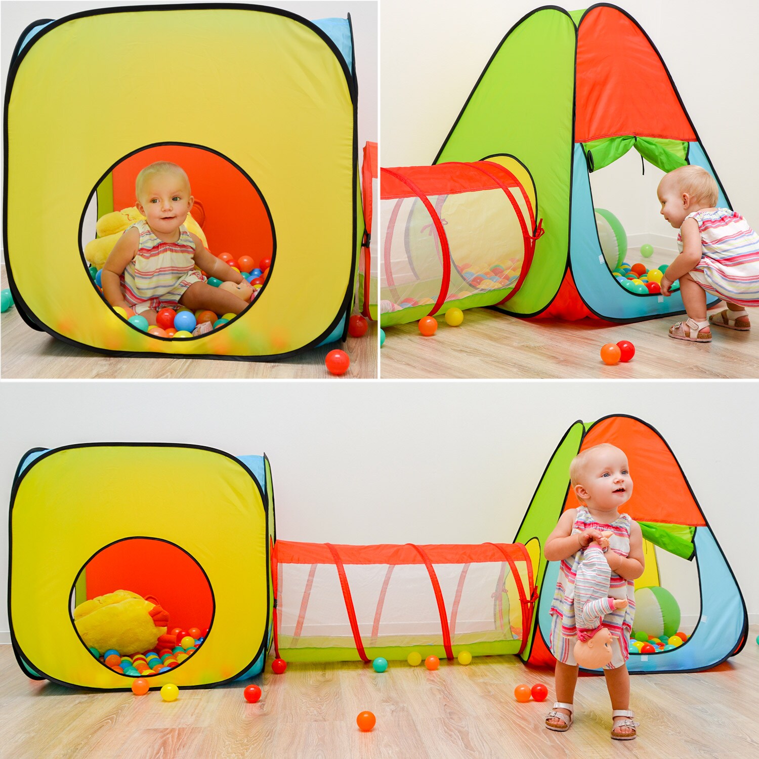 3er Bällebad Zelt 200 Baby Bälle PopupTunnel Kinderzelt Spielzelt 260x90x100cm
