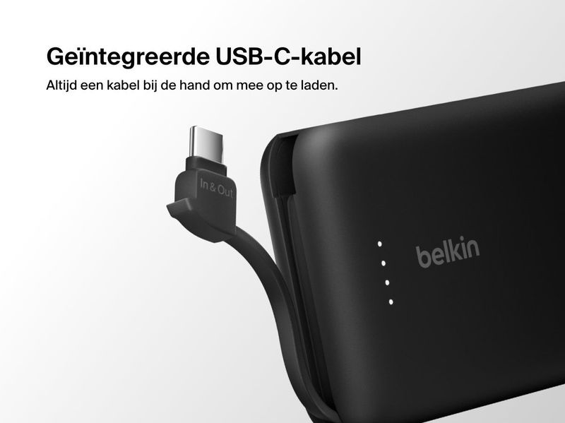 Belkin - BoostCharge 10k Power Bank - Zwart - 10000 mAh - Geïntegreerde USB-C Kabel