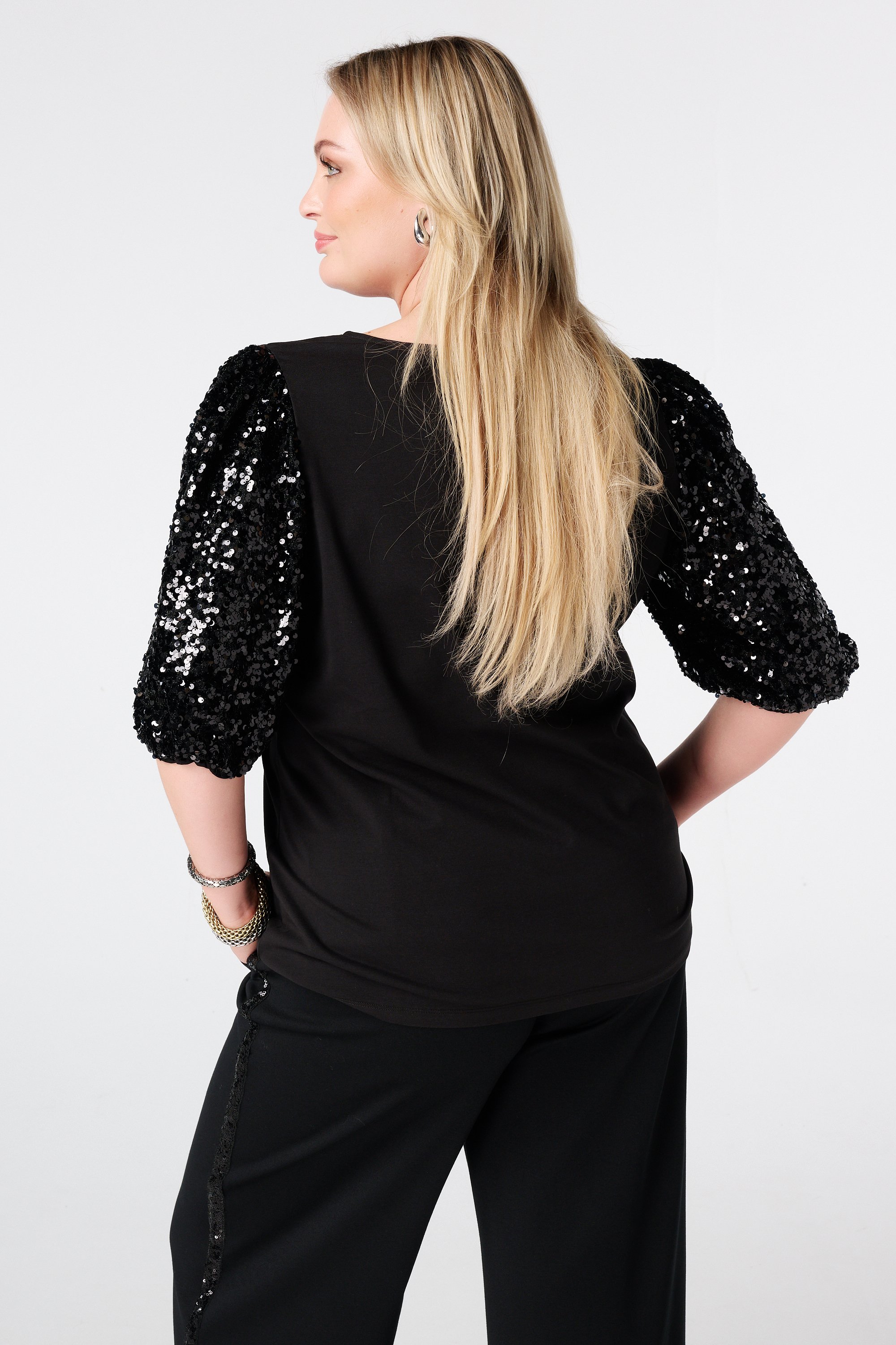 Top met pailletten pofmouwen Zwart